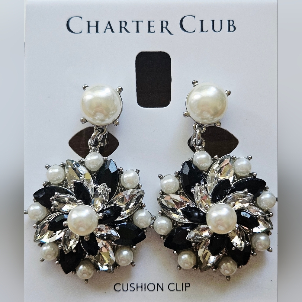 Charter Club Black and Silver Floral Clip Earrings